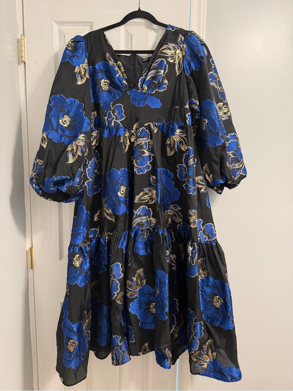 Sister Jane Black Midi Dress with Royal Blue & Gold Floral